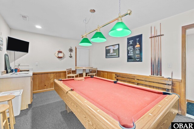 playroom featuring wooden walls, a wainscoted wall, billiards, visible vents, and dark carpet