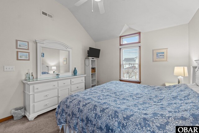 bedroom featuring visible vents, baseboards, a ceiling fan, vaulted ceiling, and carpet floors