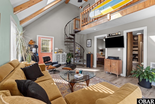 100 Tides Dr Lot 1, Duck, NC 27949 - living room with beamed ceiling, stairway, wood finished floors, and high vaulted ceiling