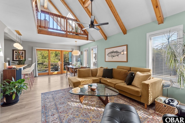 100 Tides Dr Lot 1, Duck, NC 27949 - living room with a ceiling fan, light wood finished floors, beam ceiling, and high vaulted ceiling