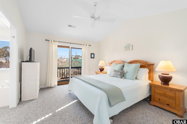 bedroom featuring carpet floors, access to outside, multiple windows, and lofted ceiling