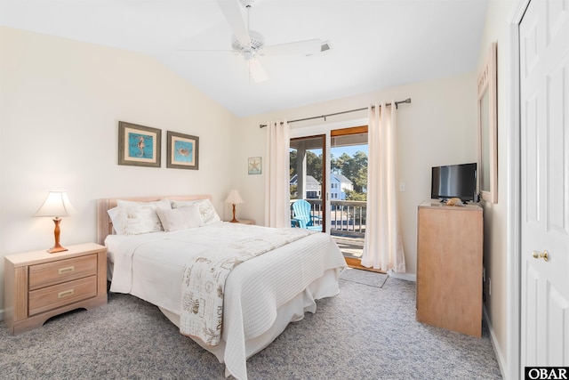 carpeted bedroom featuring lofted ceiling, access to exterior, ceiling fan, and a closet