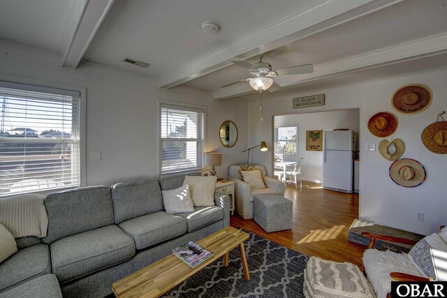 living area featuring visible vents, ceiling fan, dark wood-style flooring, and beam ceiling