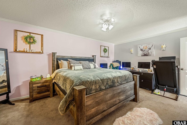 bedroom featuring crown molding, a textured ceiling, baseboards, and light colored carpet