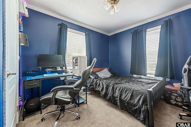 bedroom featuring ornamental molding, a textured ceiling, and light colored carpet