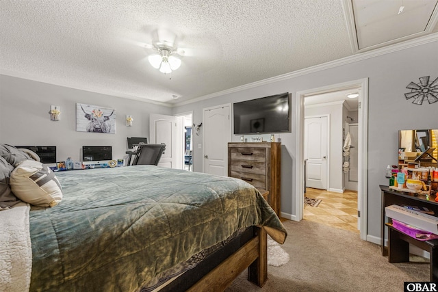 bedroom featuring light carpet, baseboards, ornamental molding, and a textured ceiling