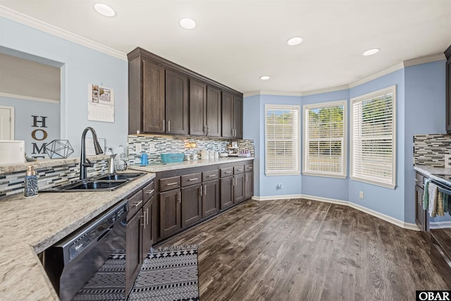 kitchen with dark brown cabinetry, black dishwasher, dark wood-style floors, and crown molding