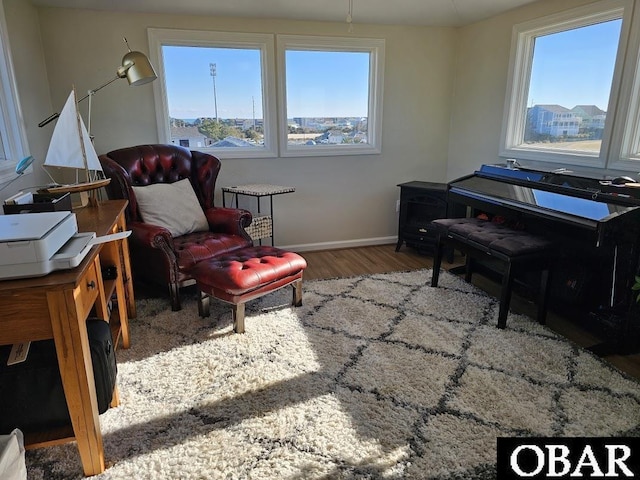 living area featuring plenty of natural light, wood finished floors, and baseboards