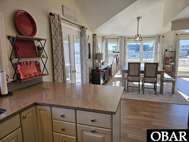 kitchen with lofted ceiling, open floor plan, hanging light fixtures, and wood finished floors