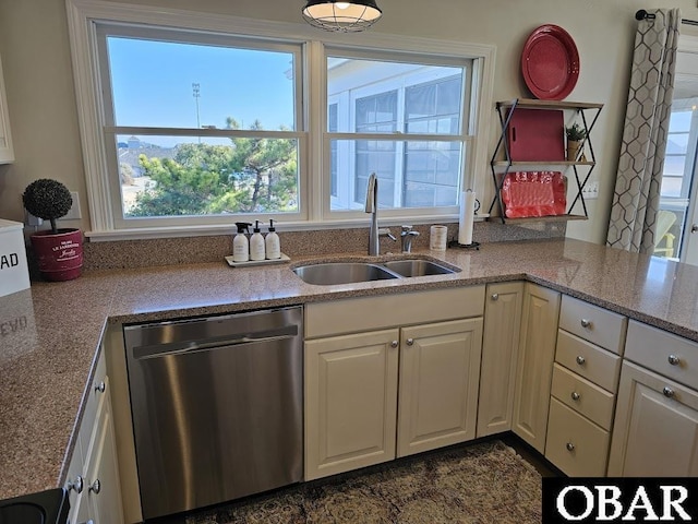 kitchen with a sink, white cabinets, and dishwasher