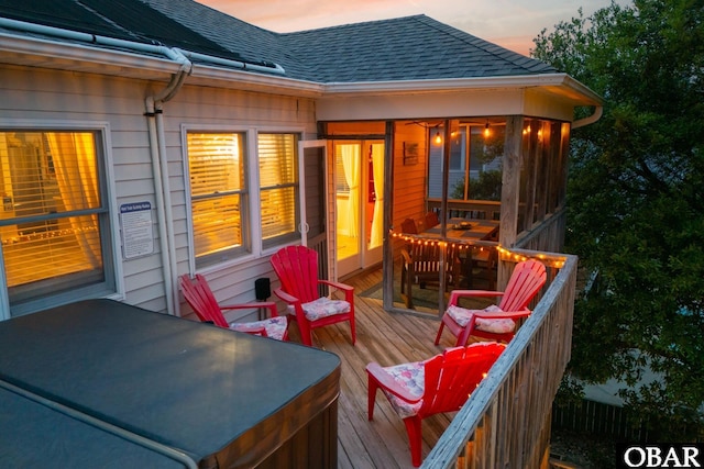 761 Bayberry Ct Lot 119, Corolla, NC 27927 - deck at dusk with a hot tub