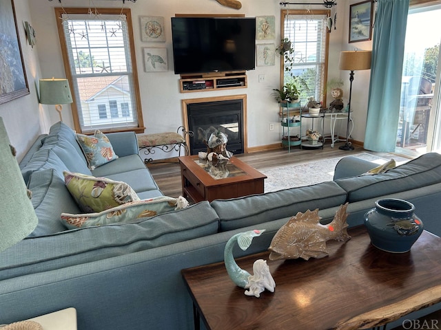 living area featuring a glass covered fireplace, baseboards, and wood finished floors