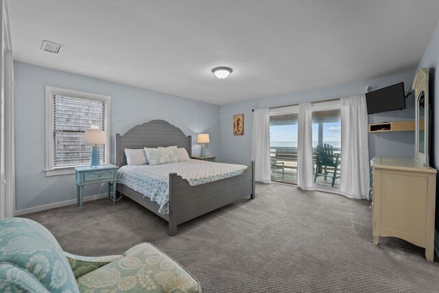 carpeted bedroom with access to exterior, baseboards, and visible vents