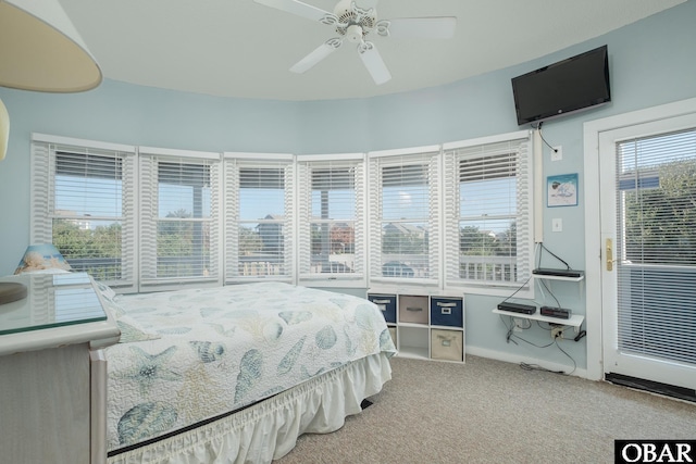 bedroom featuring multiple windows, a ceiling fan, access to exterior, and carpet flooring