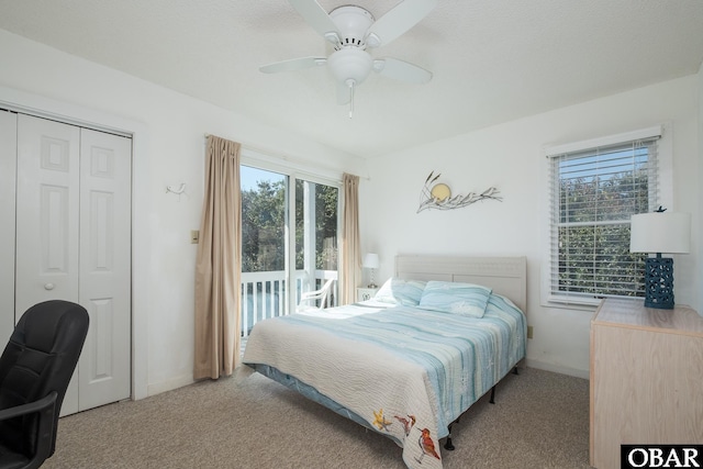 carpeted bedroom featuring access to exterior, multiple windows, baseboards, and a closet