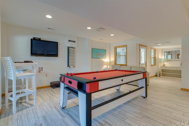 game room featuring baseboards, pool table, light wood-style flooring, and recessed lighting