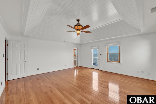 spare room featuring ceiling fan, wooden ceiling, and light wood-style floors