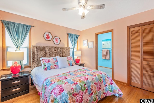 50011 Kings Point Dr Lot 335, Frisco, NC 27936 - bedroom with baseboards, a ceiling fan, wood finished floors, and a closet