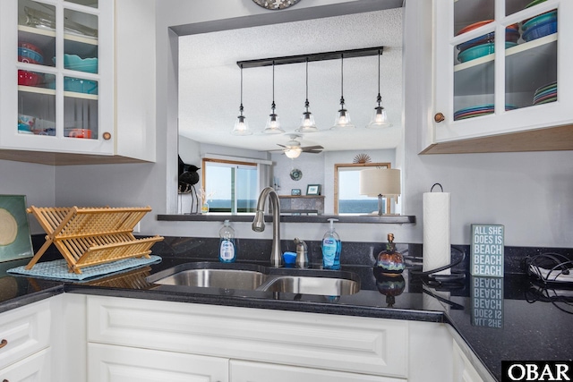 kitchen featuring glass insert cabinets, white cabinets, and a sink