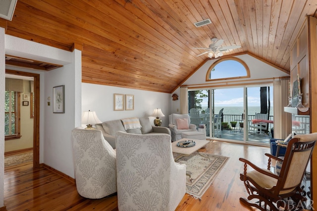 living area with lofted ceiling, a water view, visible vents, wood ceiling, and wood finished floors