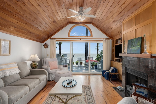 living area featuring light wood-type flooring, a fireplace, wood ceiling, and built in features