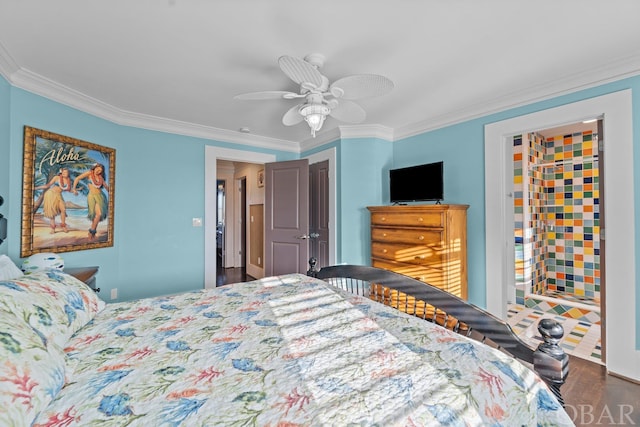 bedroom with a closet, a ceiling fan, crown molding, and wood finished floors