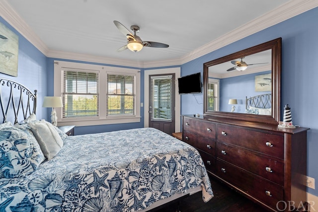 bedroom with ceiling fan and crown molding