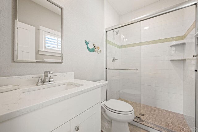 bathroom with toilet, a stall shower, and vanity