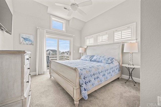 bedroom featuring access to outside, light carpet, ceiling fan, and baseboards