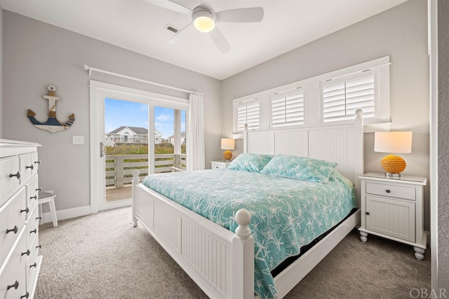 bedroom featuring access to exterior, dark colored carpet, visible vents, a ceiling fan, and baseboards