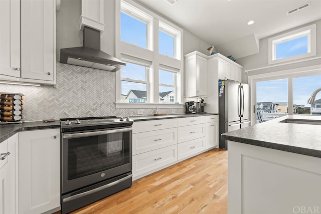 kitchen featuring visible vents, white cabinets, dark countertops, wall chimney exhaust hood, and stainless steel appliances