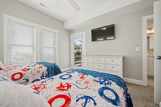 bedroom featuring baseboards, carpet, visible vents, and access to exterior