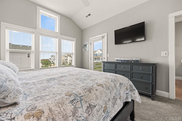 bedroom featuring access to exterior, carpet, lofted ceiling, visible vents, and baseboards