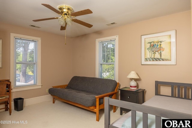 505 N Broad St, Edenton, NC 27932 - carpeted bedroom with baseboards, multiple windows, ceiling fan, and visible vents