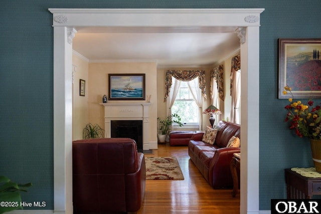 505 N Broad St, Edenton, NC 27932 - living area featuring a fireplace, crown molding, and wood finished floors