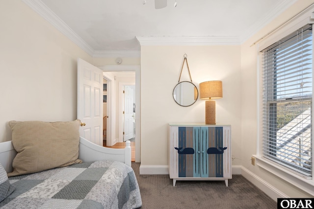 carpeted bedroom with baseboards, multiple windows, and ornamental molding