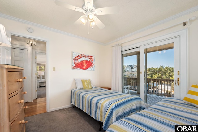 carpeted bedroom featuring ceiling fan, baseboards, ornamental molding, and access to outside