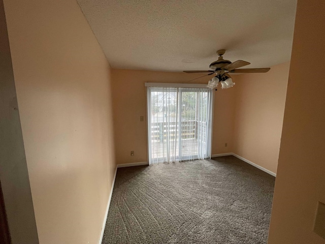 unfurnished room featuring a ceiling fan, baseboards, carpet floors, and a textured ceiling