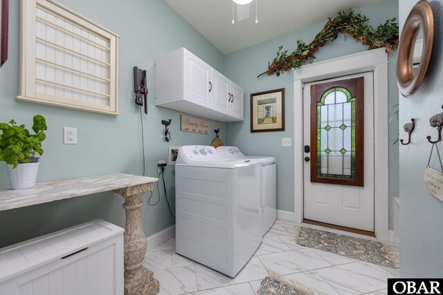 504 Lord Essex Ave, Manteo, NC 27954 - laundry area with a ceiling fan, independent washer and dryer, cabinet space, baseboards, and marble finish floor