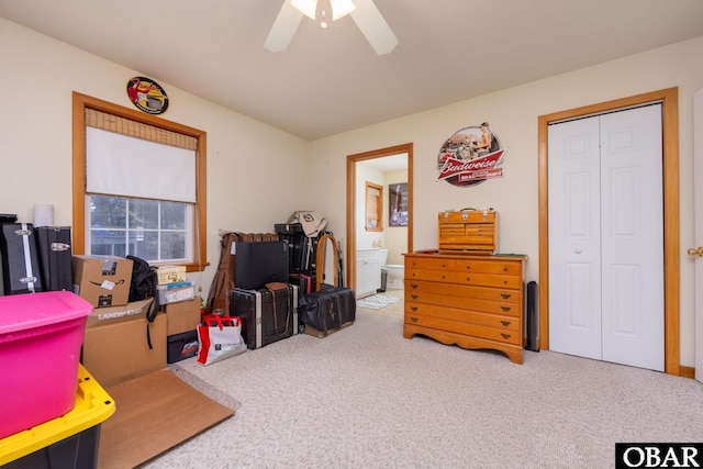 interior space featuring ceiling fan and carpet