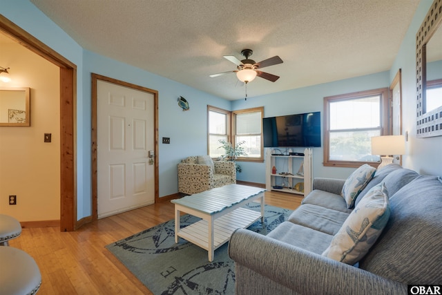 2009 Wrightsville Blvd Unit 4-B, Kill Devil Hills, NC 27948 - living room featuring ceiling fan, light wood-style floors, baseboards, and a textured ceiling