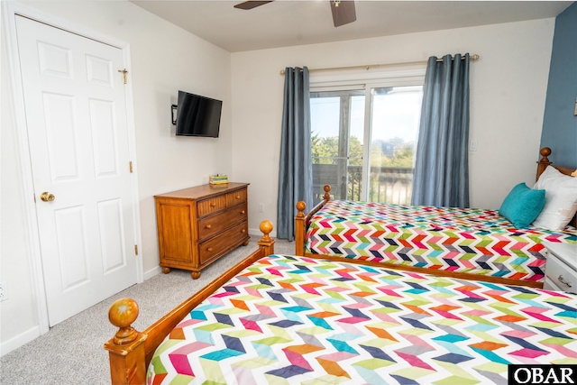 bedroom featuring ceiling fan, baseboards, and light colored carpet