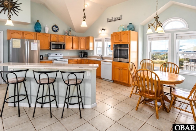 kitchen with stainless steel appliances, light countertops, and hanging light fixtures