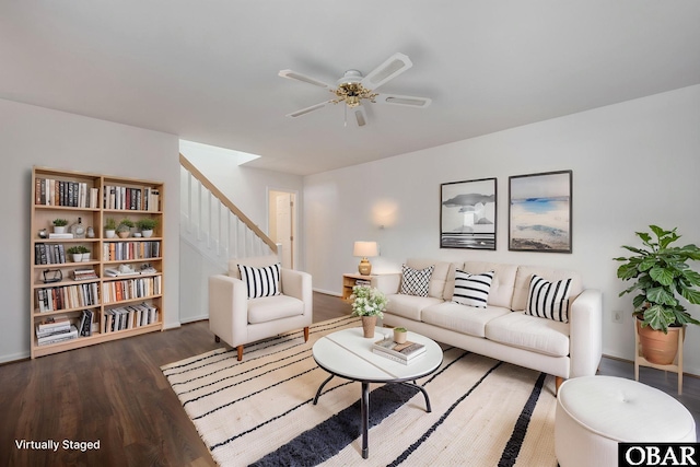 3002 Seahorse Ct Unit 3002, Kitty Hawk, NC 27949 - living room featuring wood finished floors, stairs, ceiling fan, and baseboards