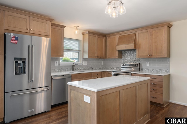 3002 Seahorse Ct Unit 3002, Kitty Hawk, NC 27949 - kitchen featuring appliances with stainless steel finishes, custom exhaust hood, a sink, dark wood-type flooring, and light countertops
