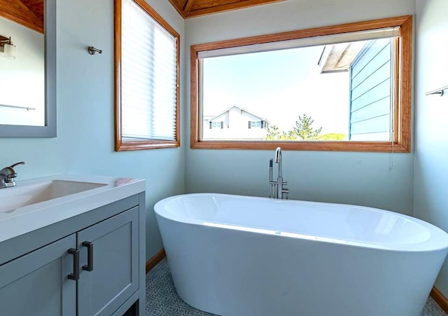 full bath featuring vanity and a freestanding tub