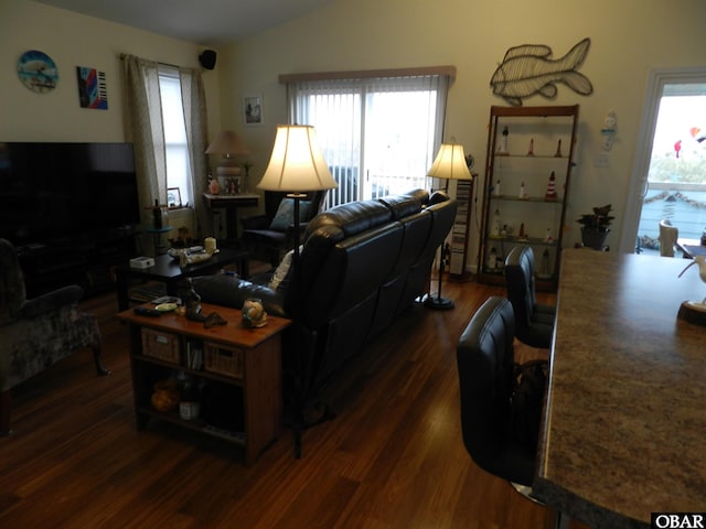 living room with vaulted ceiling and dark wood-style flooring