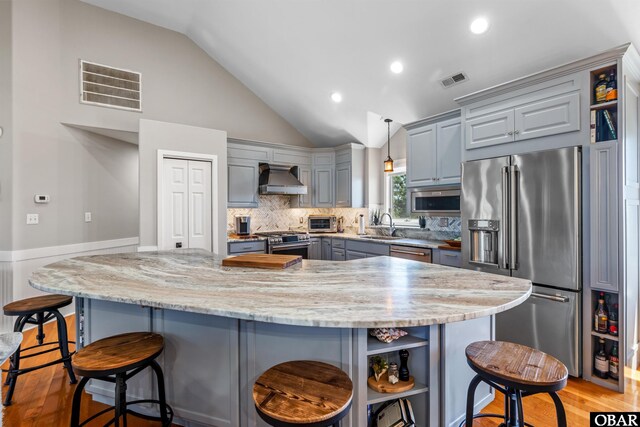 4311 S Hesperides Dr Lot # 55, Nags Head, NC 27959 - kitchen featuring visible vents, open shelves, exhaust hood, gray cabinetry, and stainless steel appliances