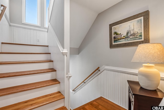 4311 S Hesperides Dr Lot # 55, Nags Head, NC 27959 - stairway with vaulted ceiling, wainscoting, and wood finished floors