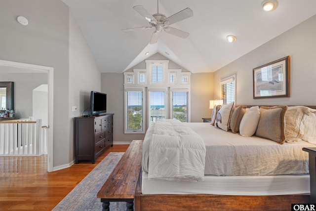 4311 S Hesperides Dr Lot # 55, Nags Head, NC 27959 - bedroom with a ceiling fan, baseboards, wood finished floors, and lofted ceiling